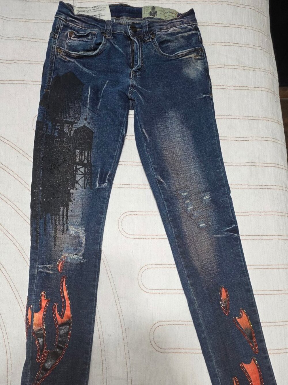 Industrial Indigo Vintage Retro Y2K Flame Jeweled Jeans Women's Size 28" Waist